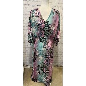 Apana Resort Swimwear Long Cover Up Beach Dress Floral Tropical Short Sleeve M